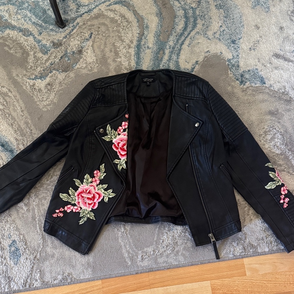 Floral TOPSHOP Embroidered Black Leather Jacket